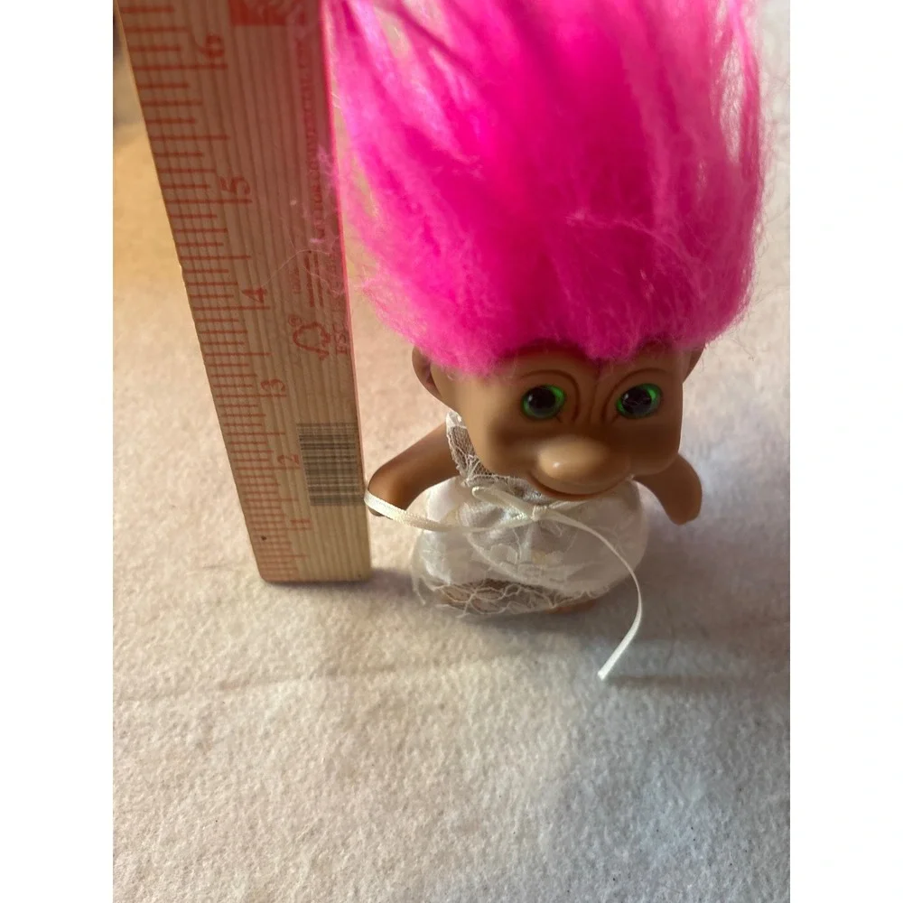 Vintage Troll Doll Pink Hair Green‎ Eyes White Lace Dress 3 Inch Retro Toy